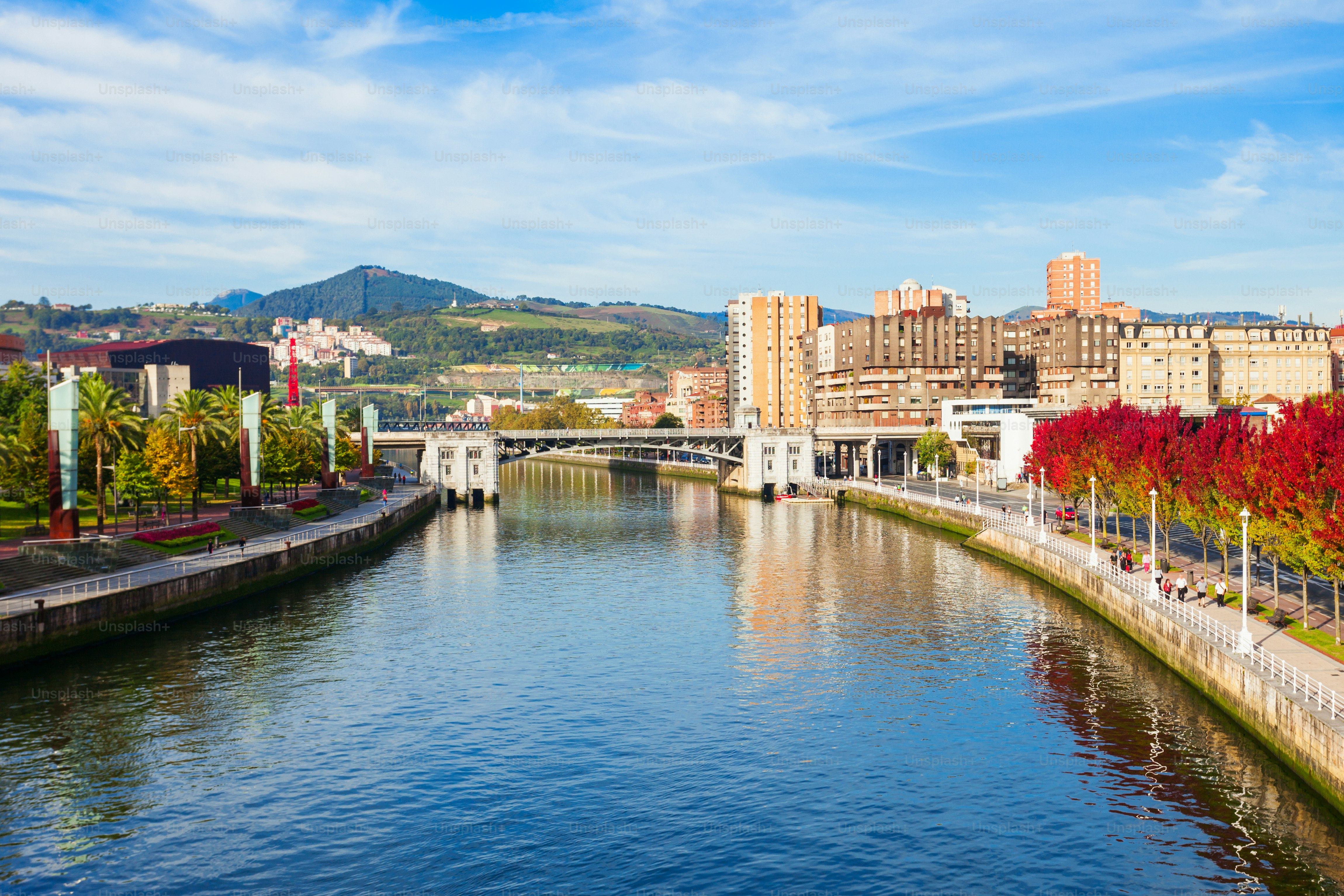 Nervion River embankment in the centre of Bilbao, largest city in the Basque Country in northern Spain